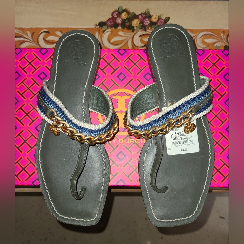 Tory Burch Mini Benton Gold Chain Band Flat Sandals Poblano Yonder Womens 7M